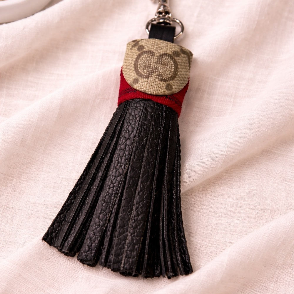 Handmade Designer Canvas Tassel Keychain Charm Black Leather Red Stripe